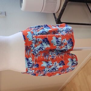 Timing Orange & Blue Tropical Floral Shorts w Small Pockets Elastic Waist
